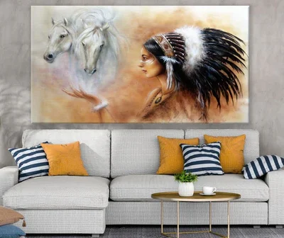 Native Headdress Girl & White Horses Painting Print 100% Australian Made