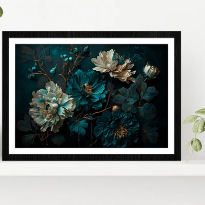 Painted Flowers Dark Moody Glass Framed Wall Art, Ready to Hang Quality Print