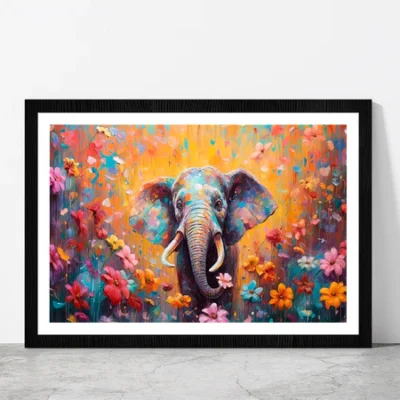 Elephant In Flower Blossom Painting Glass Framed Wall Art, Ready to Hang Quality Print