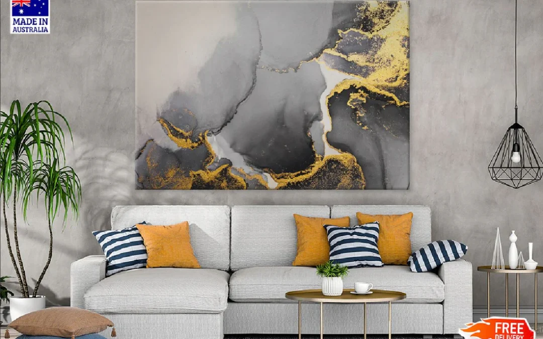 Dark Gold Splash & Black Abstract Design Print 100% Australian Made