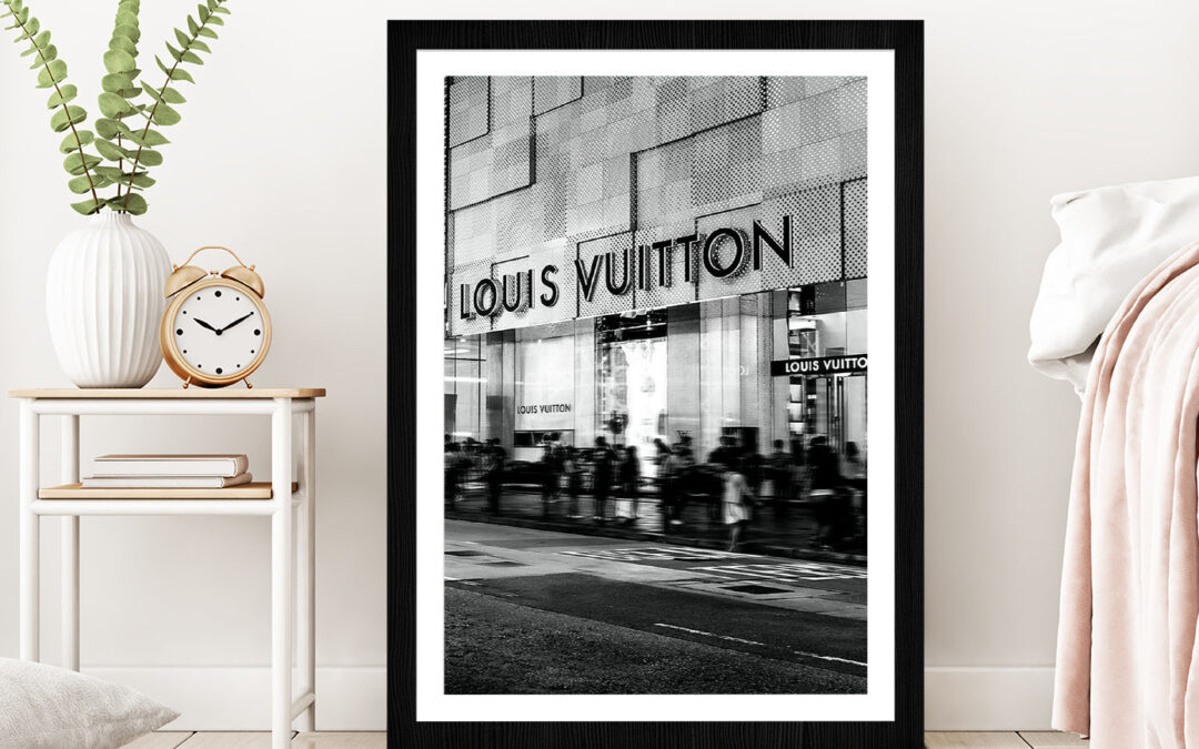 People near Fashion Store B&W Photograph Glass Framed Wall Art, Ready to Hang Quality Print