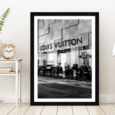 People near Fashion Store B&W Photograph Glass Framed Wall Art, Ready to Hang Quality Print