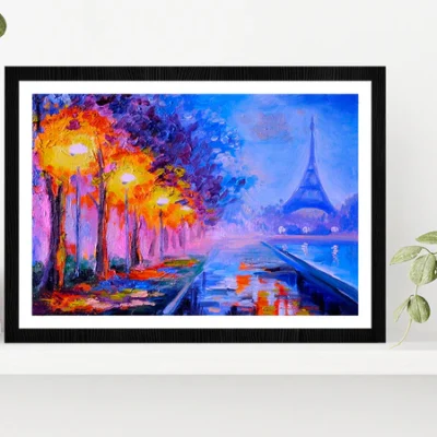 Eiffel Tower Night Street Paint Glass Framed Wall Art, Ready to Hang Quality Print