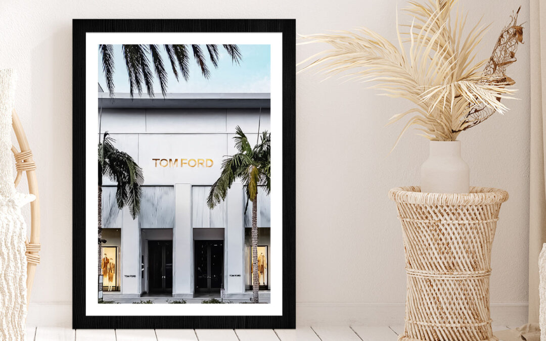 Palm Trees near Fashion Store Photograph Glass Framed Wall Art, Ready to Hang Quality Print