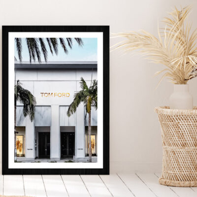 Palm Trees near Fashion Store Photograph Glass Framed Wall Art, Ready to Hang Quality Print