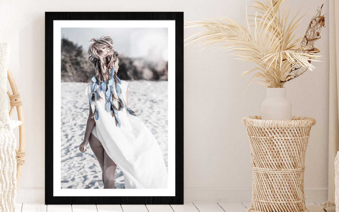 Girl on Sand Beach View Photograph Glass Framed Wall Art, Ready to Hang Quality Print
