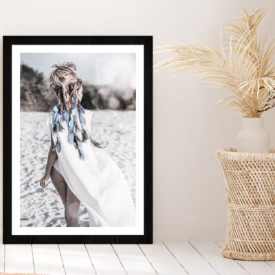 Girl on Sand Beach View Photograph Glass Framed Wall Art, Ready to Hang Quality Print