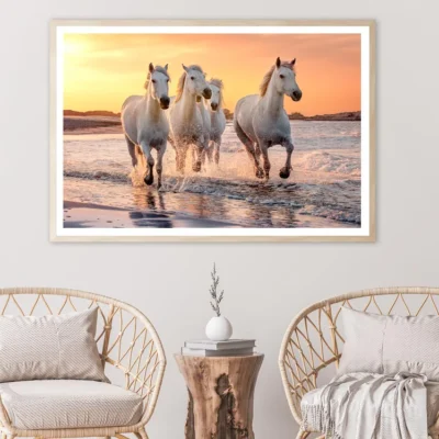 White Horses Running Through the Water at Sunset Home Decor Premium Quality Poster Print Choose Your Sizes
