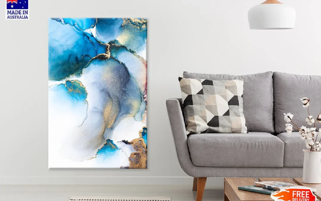 Blue & Gold Splash Fluid Abstract Design Print 100% Australian Made
