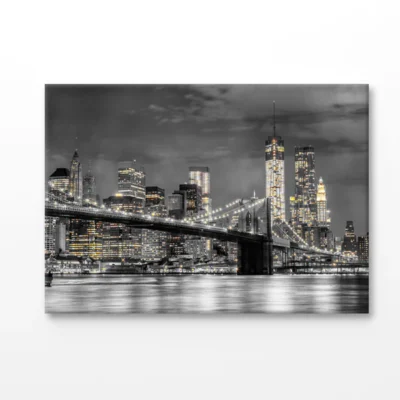 Bella Home B&W Night City View With Bridge Print Canvas Ready to hang