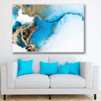 Bella Home Blue & Gold Splash Abstract Art Print Canvas Ready to hang