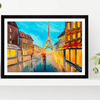 Eiffel Tower & Couple In A Street Glass Framed Wall Art, Ready to Hang Quality Print