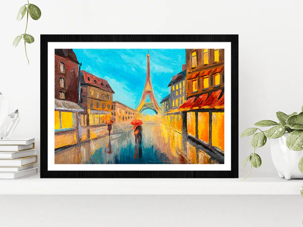Eiffel Tower & Couple In A Street Glass Framed Wall Art, Ready to Hang Quality Print