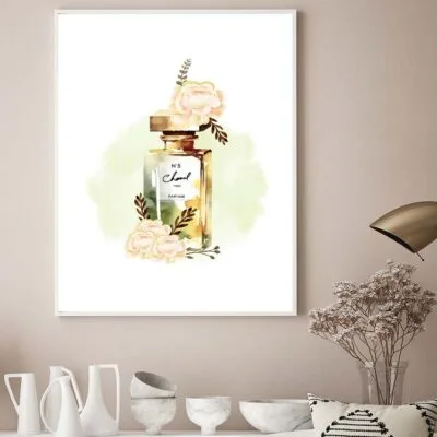 Green Gold Luxury Fashion Bottle with Flowers Design Home Decor Premium Quality Poster Print Choose Your Sizes