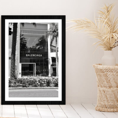 Palm Tree near Fashion Store B&W Photograph Glass Framed Wall Art, Ready to Hang Quality Print