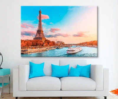 Boat Traveling Down a River Next to The Eiffel Tower Wall Art Decor 100% Australian Made