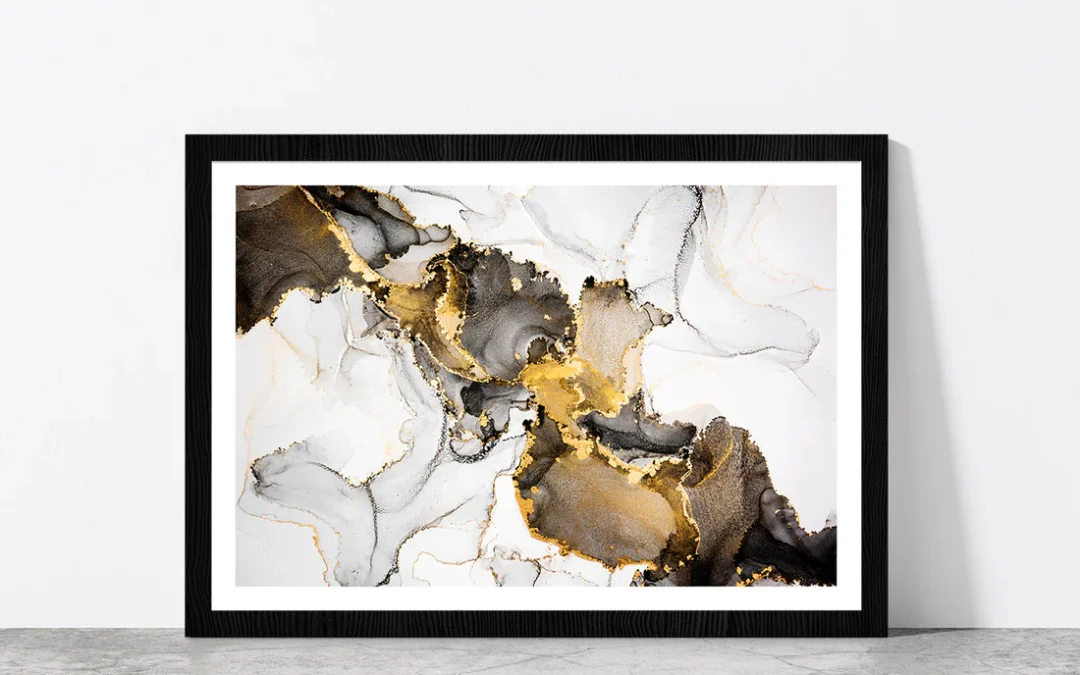Black White & Gold Abstract Glass Framed Wall Art, Ready to Hang Quality Print