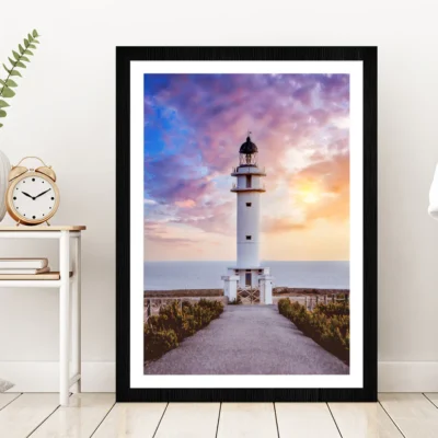 Road Leading To Lighthouse sunset Glass Framed Wall Art, Ready to Hang Quality Print