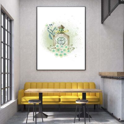 Green Colored Perfume with Flowers Design Home Decor Premium Quality Poster Print Choose Your Sizes