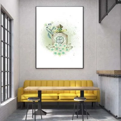 Green Colored Perfume with Flowers Design Home Decor Premium Quality Poster Print Choose Your Sizes