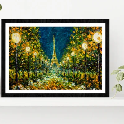 Paris European Night City Landscape & Eiffel Tower Glass Framed Wall Art, Ready to Hang Quality Print