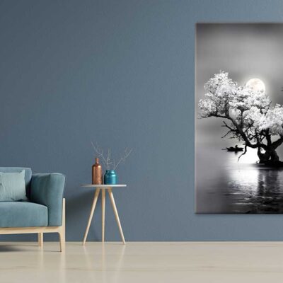Bella Home Amazing Night View of Tree on Lake with Full Moon Print Canvas Ready to hang