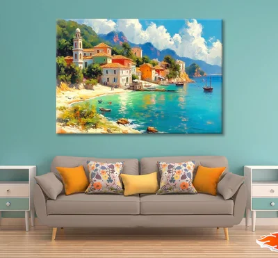 Town with Beach, Houses, Trees Print 100% Australian Made