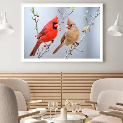 Red Bird or Northern Cardinal Mates Perched on Holly Branches Home Decor Premium Quality Poster Print Choose Your Sizes