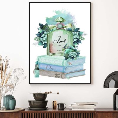 Green Blue Perfume Bottle with Flowers Design Home Decor Premium Quality Poster Print Choose Your Sizes