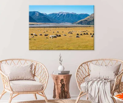Sheep on Grass Field & Mountains Scenery Photograph Print 100% Australian Made