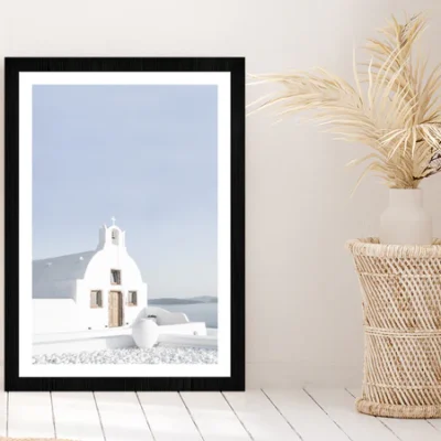 Greek Church by the White Houses Photograph Glass Framed Wall Art, Ready to Hang Quality Print