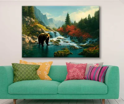 Bella Home Bear By River Mountains Painting Print Canvas Ready to hang