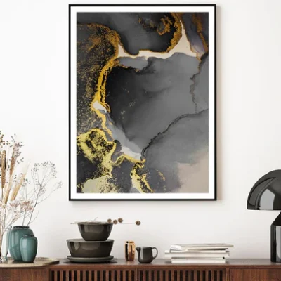 Dark Black & Gold Ink Abstract Design Home Decor Premium Quality Poster Print Choose Your Sizes