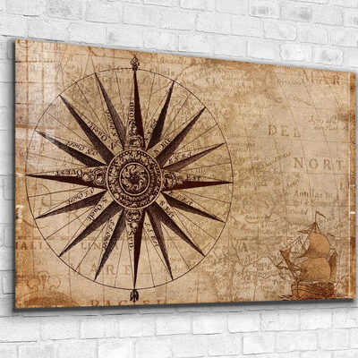 Vintage Compass Vector Print Tempered Glass Wall Art 100% Made in Australia Ready to Hang