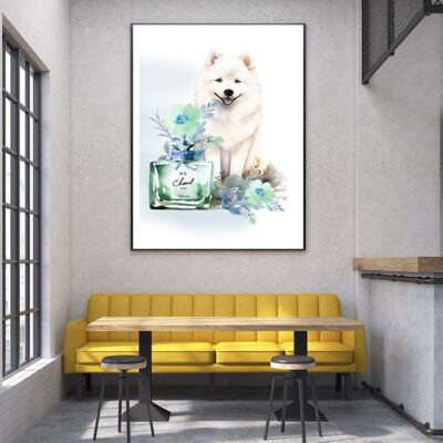 Modern Fashion Perfume with Samoyed Dog Design Home Decor Premium Quality Poster Print Choose Your Sizes