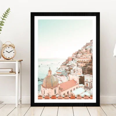 Positano Amalfi Coast Town View Photograph Glass Framed Wall Art, Ready to Hang Quality Print