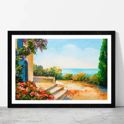 House Near The Sea, Colorful Flowers Glass Framed Wall Art, Ready to Hang Quality Print