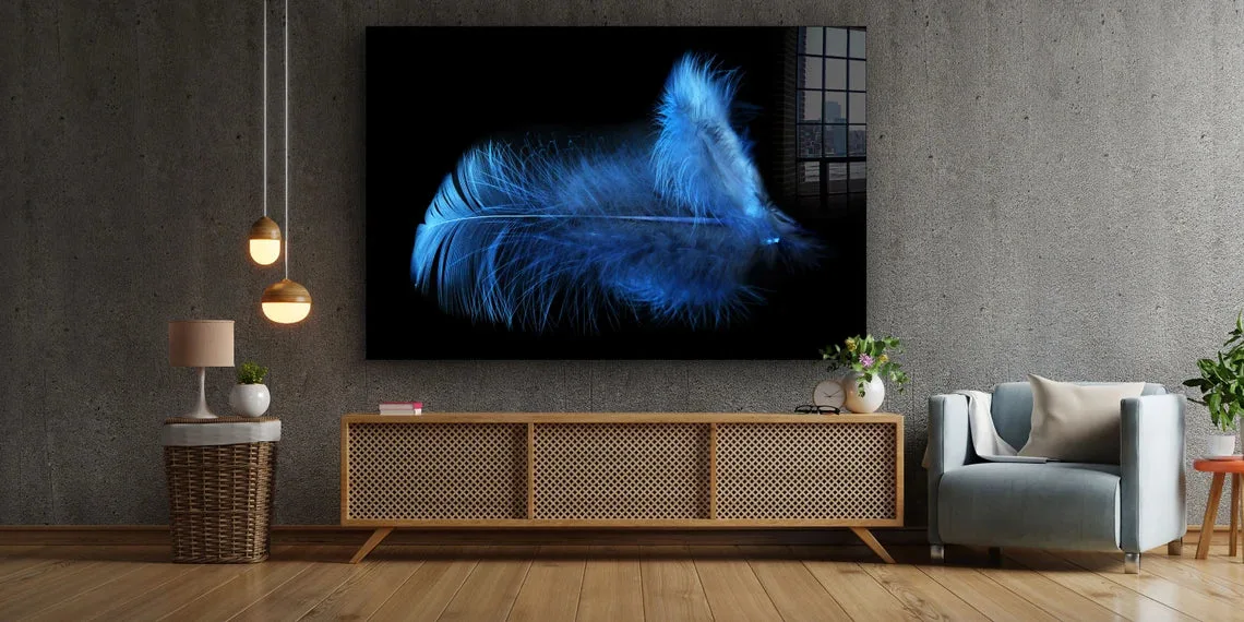 Blue Feather on Dark Print Tempered Glass Wall Art 100% Made in Australia Ready to Hang - Image 3