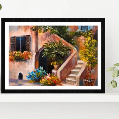 Summer Terrace, Flowers In A Garden, House In Greece Glass Framed Wall Art, Ready to Hang Quality Print