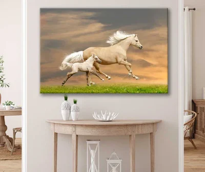 Bella Home Grass Field & Horses Sunset View Print Canvas Ready to hang