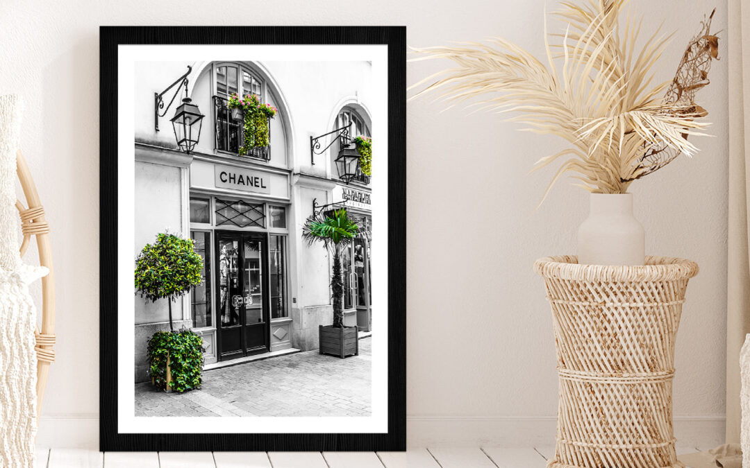 Fashion Store & Trees View Photograph Glass Framed Wall Art, Ready to Hang Quality Print