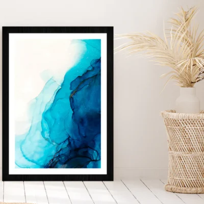 Blue & White Liquid Abstract Art Glass Framed Wall Art, Ready to Hang Quality Print