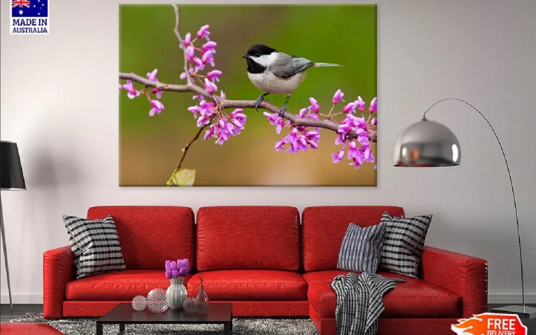 Black Capped Bird on Flower Tree Photograph Print 100% Australian Made