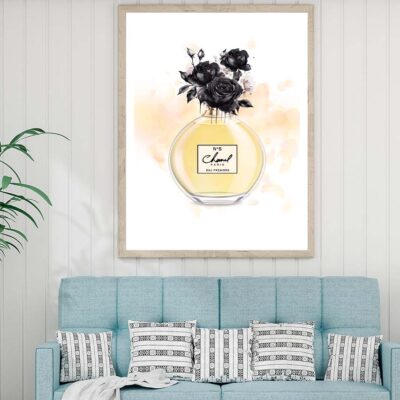Fashion Yellow Perfume with Black Flowers Design Home Decor Premium Quality Poster Print Choose Your Sizes