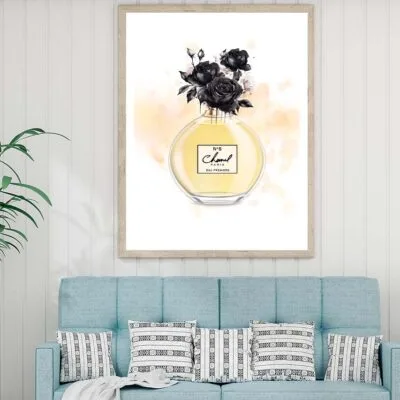 Fashion Yellow Perfume with Black Flowers Design Home Decor Premium Quality Poster Print Choose Your Sizes