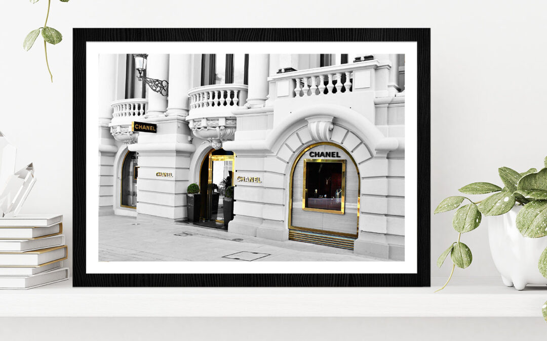 Gold Door B&W Fashion Store View Photograph Glass Framed Wall Art, Ready to Hang Quality Print