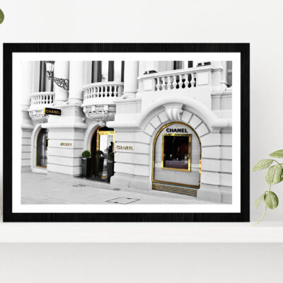 Gold Door B&W Fashion Store View Photograph Glass Framed Wall Art, Ready to Hang Quality Print