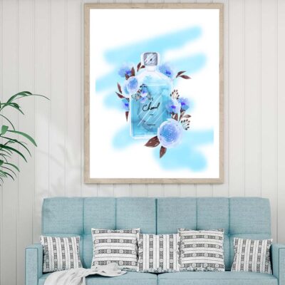 Blue Colored Fashion Perfume Bottle with Flowers Design Home Decor Premium Quality Poster Print Choose Your Sizes