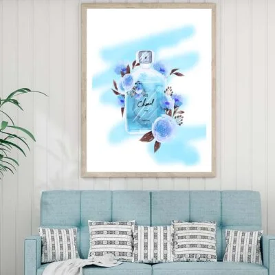 Blue Colored Fashion Perfume Bottle with Flowers Design Home Decor Premium Quality Poster Print Choose Your Sizes