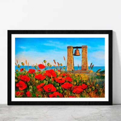 Poppies Near The Sea & Bell At Sunset Painting Glass Framed Wall Art, Ready to Hang Quality Print